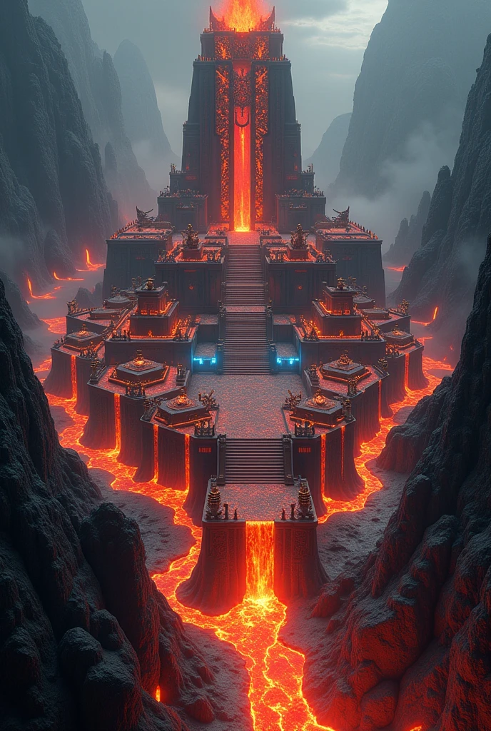 An ancient fire and lava temple with its city, Between obsidian and volcanic rocks. Red and blue flames and lava, Adorn the Sumerian buildings. Rivers and waterfalls of fire and lava flow between the buildings. There is also a fire forest, with flaming plants. A fairy aesthetic. A staircase in front of the largest building. Tons of houses and smaller temples around. 