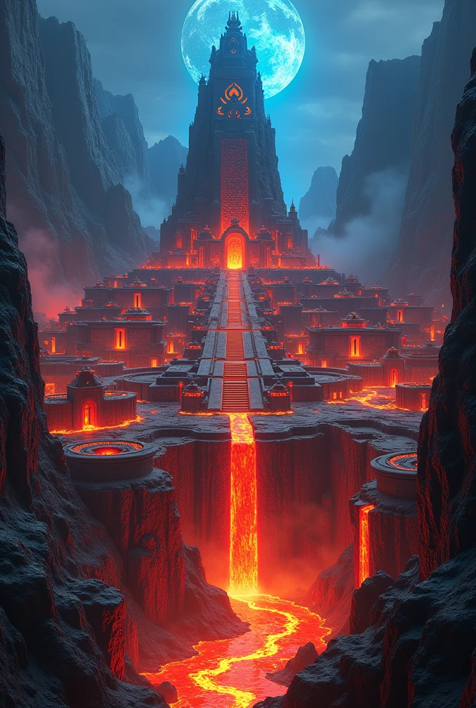 An ancient fire and lava temple with its city, Between obsidian and volcanic rocks. Red and blue flames and lava, Adorn the Sumerian buildings. Rivers and waterfalls of fire and lava flow between the buildings. There is also a fire forest, with flaming plants. A fairy aesthetic. A staircase in front of the largest building. Tons of houses and smaller temples around.