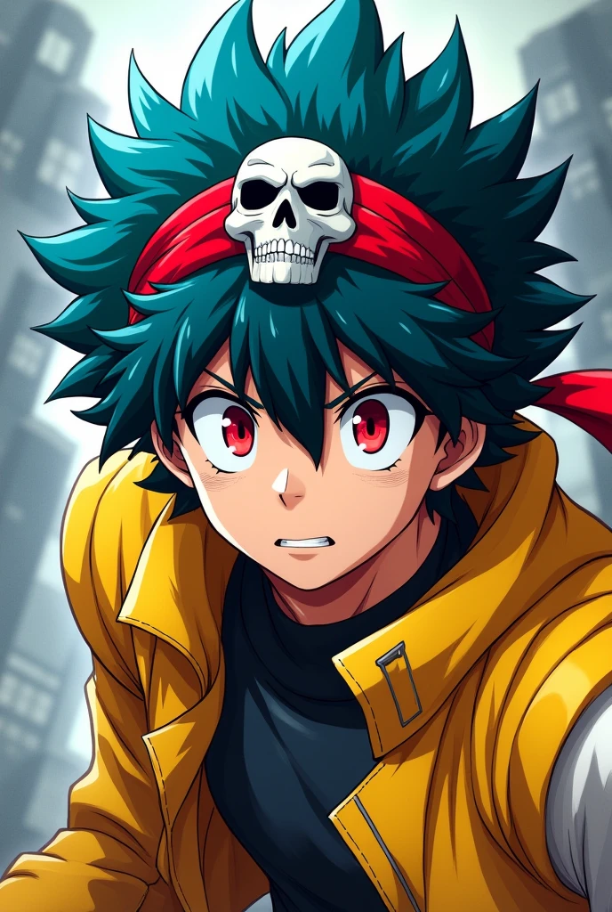 Boku no hero style Young man red eyes blue hair wearing yellow jacket with red headband with skull mask on face