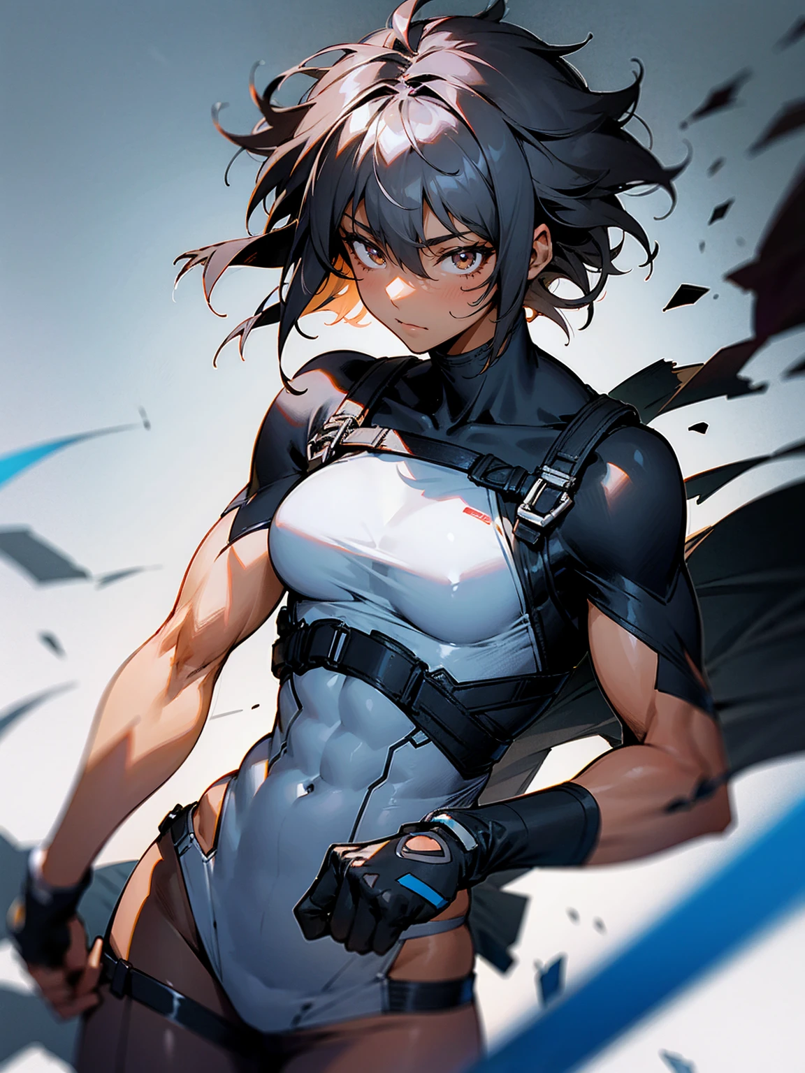 1female, dark grey hair, messy hair, short hair, dark skin, muscular, yukata
