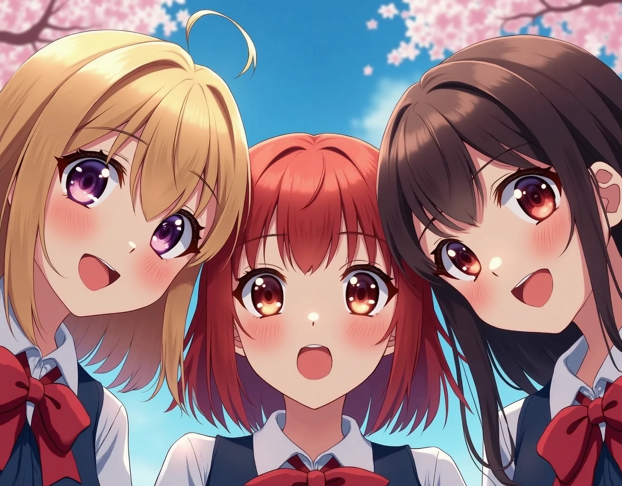 Best_Quality, HDR, masterpiece, Hi-Res, (Acutance:0.85), (realistic and photorealistic with touch of rawness:1.37), (group photo:1.6), ((3SchoolGirls Surrounding the camera in Upward composition)), Panoramic, (European face variations:1.4), { Looking down at the camera | (Kissing face to face) }, (((close:1.2, Face closeup from below:1.4))), (((Sky background)) with CherryBlossoms) . Extremely Detailed face variations, captivating gaze, elaborate detailed Eyes with (sparkling highlights:1.32), long eyelashes、Glossy RED Lips with beautiful details, Coquettish tongue, Rosy cheeks, Glistening ivory skin . { (Dynamic joyful expressions) | (Kissing) }, Childish, SchoolUniform, { Different types of hair colors | blond, redhead, brunette} , Different types of faces and races