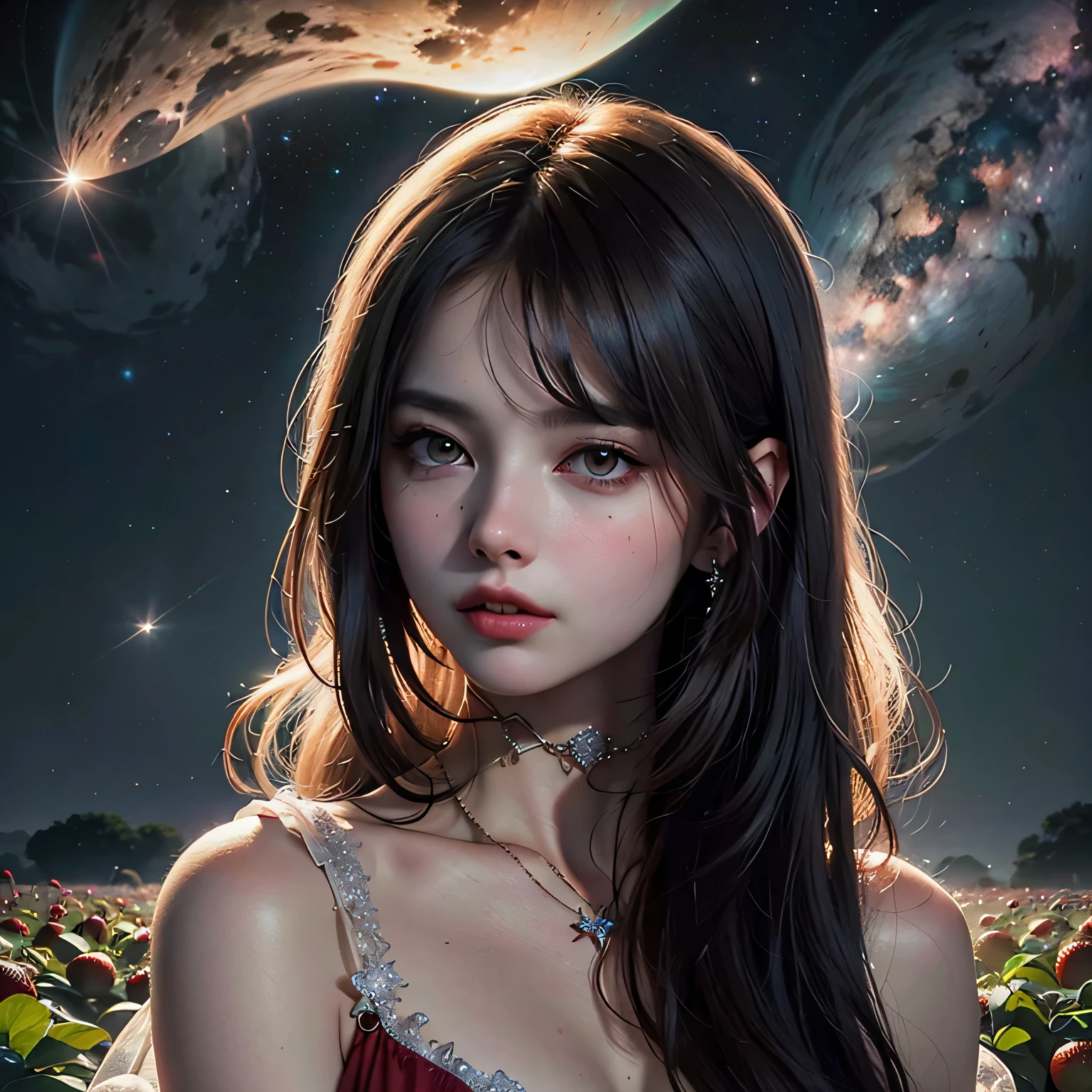 (delicate scene:1.2), 1girl among lush strawberry fields, pale skin, black hair, black eyes, milkyway stars, (unity 8k wallpaper, ultra detailed, masterpiece, best quality, official art, beautiful and aesthetic:1.2),