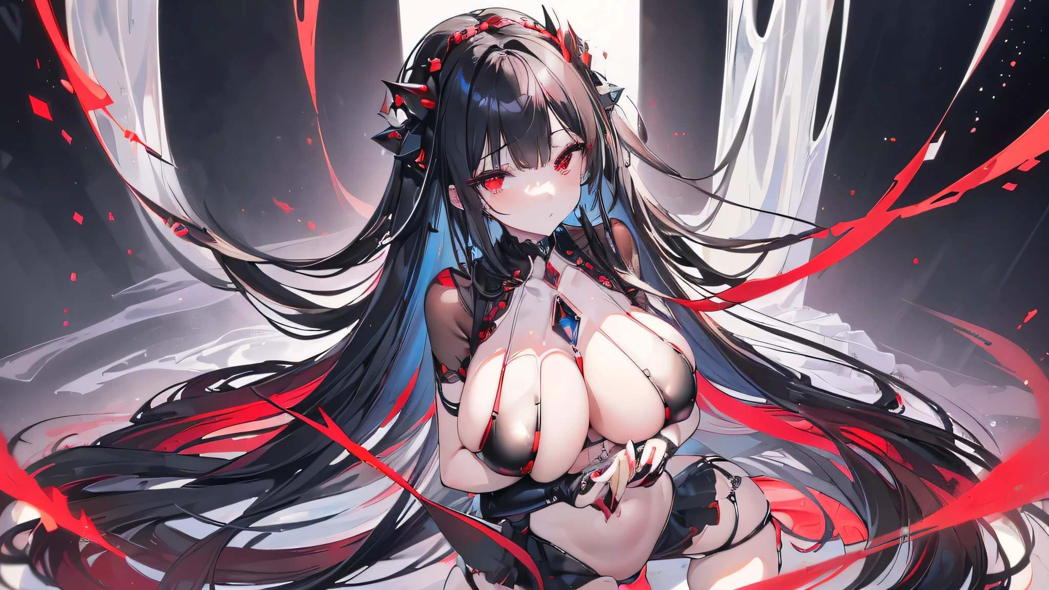 Exquisite eyes),(Clear and beautiful eyes:1.61),masterpiece, 1 young girl,(Black clothes and some red gems), Black long hair, (She has a huge red gem on her chest), Good Hand,((The Havoc of StarCraft)),full-body shot,Fighting Stance,(Red Eyes:1.466)，short and small,(Very big breasts:1.35),(Pretty Face),(full-body shot:1.33),Beautiful hands