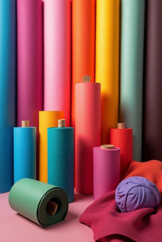 rolls of textile fabrics of different colors
