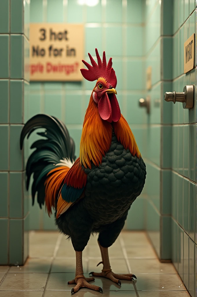 A rooster pooping in a sweaty bathroom because it's straining and a sign that says "This is my Prime"