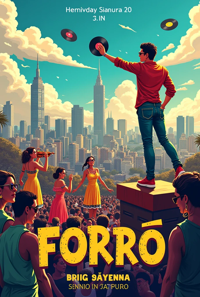 Forró flyer with a building in downtown São Paulo, with a DJ on top and a 4-piece female forró band playing instruments