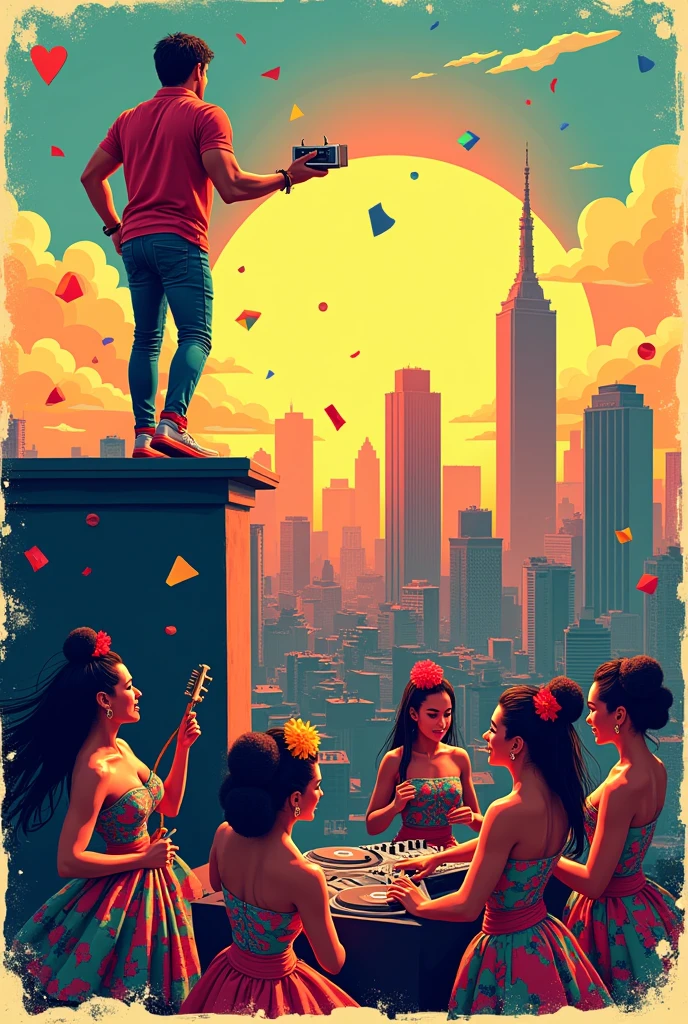 Forró flyer with a building in downtown São Paulo, with a DJ on top and a 4-piece female forró band playing instruments