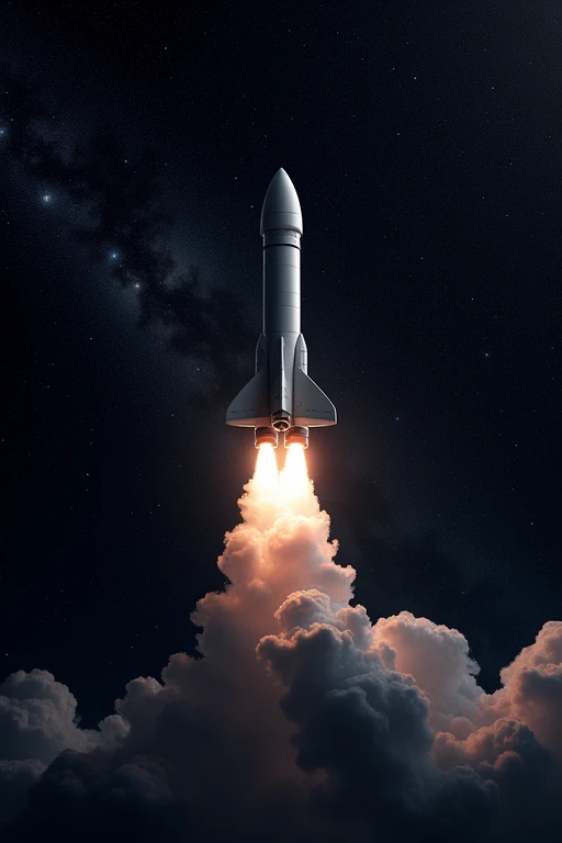 A spacecraft rocket soars among the stars, with a dark background filled with dots of light.