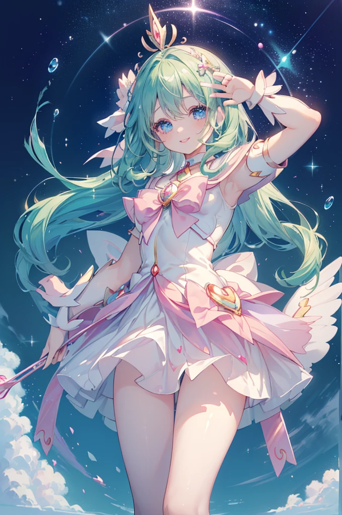 (Waving the magic wand), (((Highest quality、masterpiece、Ultra-fine、Ultra-fine、髪UP,Green Hair,Exquisite、magic circle,whole body,Beautiful legs,Absolute area,dress,16K,cute,The best smile,Full HD,)), ( ((summer,One person,かわいいMagical girl,)))Blue Eyes、Long eyelashes、White skin、(Pale pink lips、Pale pink cheeks、thin and long)、((かわいいMagical girl,The best smile)), (One person)) 、(blue sky)) 、 ((Magical girl)