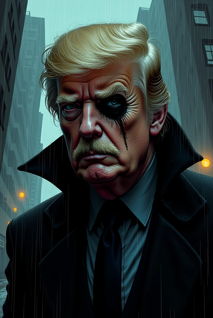 Donald Trump with head pointy mustache, soul pach, very visible glasgow smile scars, as a crow (comicbook and film caracter) in a dark and wett city.