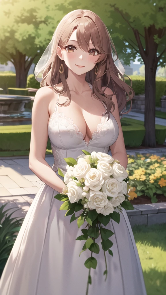 masterpiece, best quality, highres, aamiyako, long hair, jewelry, earrings, wedding dress, holding bouquet, garden, smile