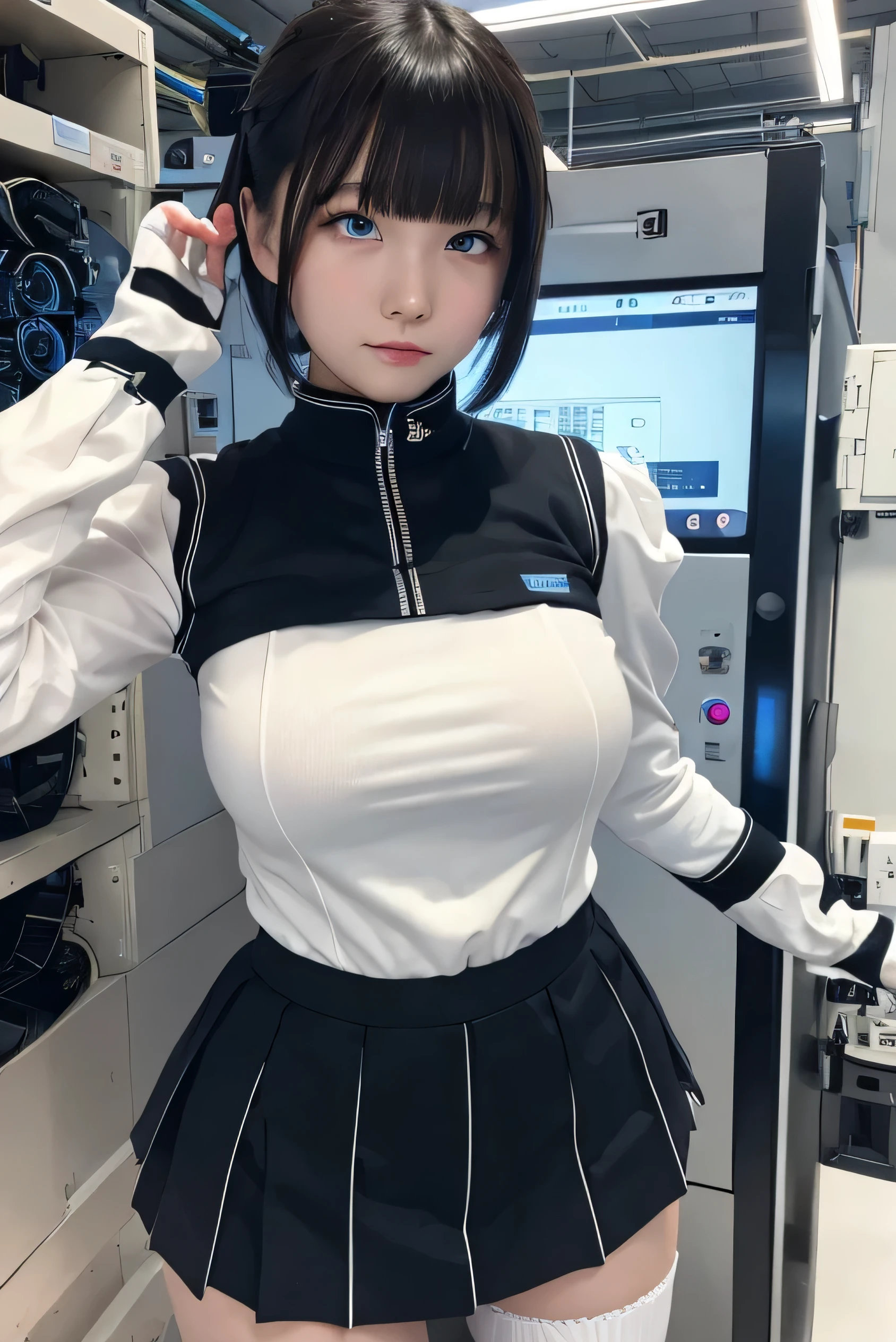 masterpiece, best quality, extremely detailed, Japanese android girl,Plump ,control panels,Mechanical Hand,Robot arms and legs, robot assembly plant,white robot body,blunt bangs,skirt,black knee high socks,blue  eyes,rolling eyes