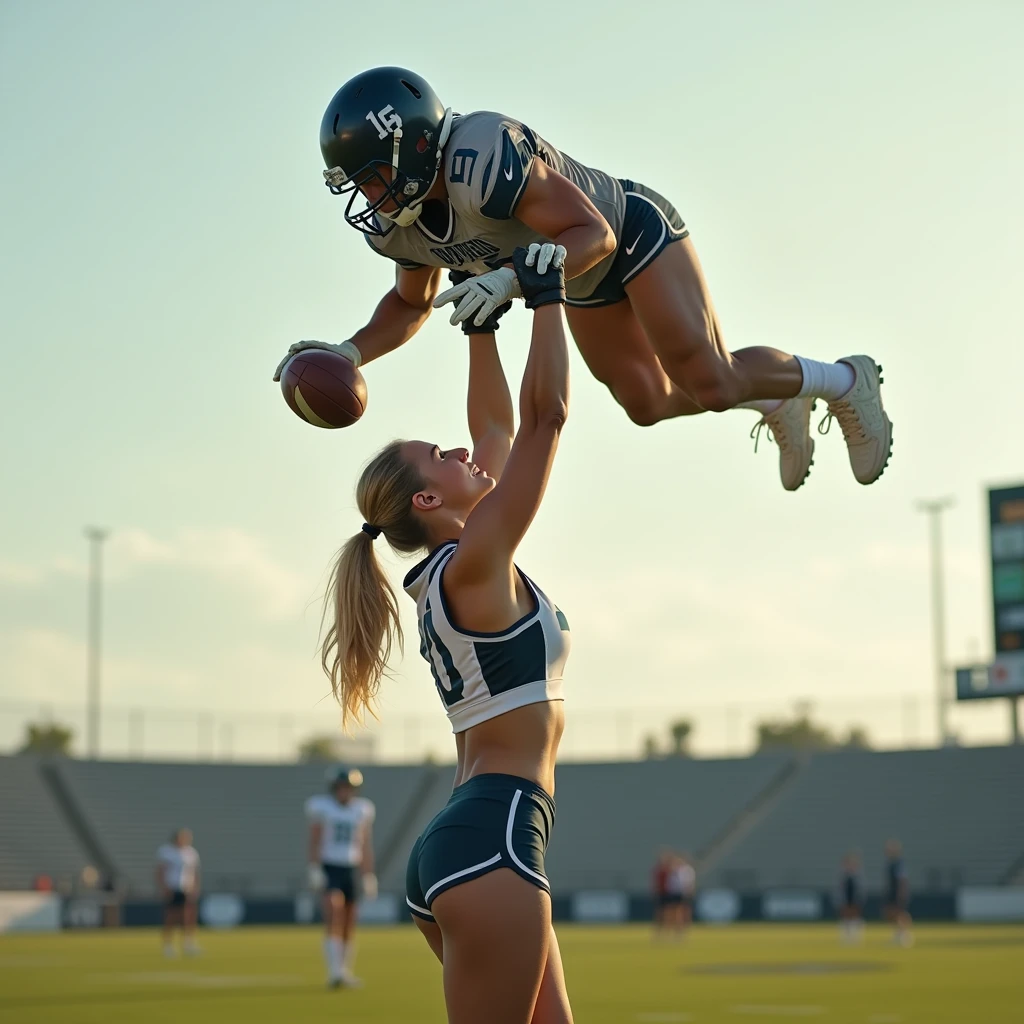 Blonde, Beautiful, and strong teen cheerleader lifting a large male football player high above her head with her strong arms. Photorealistic. View from a distance. Wide angle.