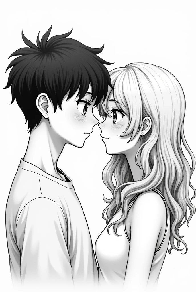 A black and white drawing of a couple looking at each other, their faces are not visible, The boy has bangs that cover his eyes and has some pimples on his face. His face is fuller., She has wavy blonde hair, and long, voluminous hair, it's important to say that it's not that thin