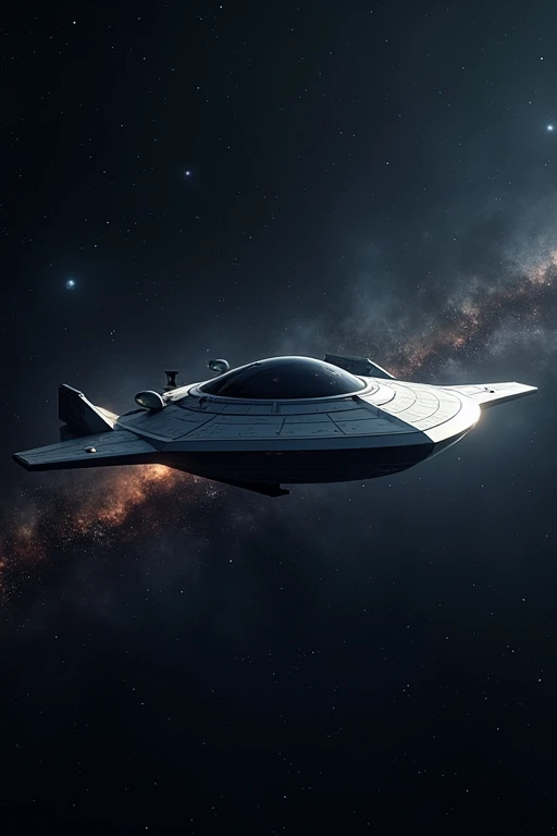 A spaceship floats among the stars, with a dark background filled with dots of light.