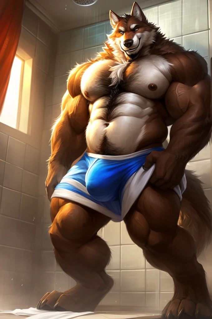 4k, high resolution, best quality, perfect lighting, solo, anthro, wolf, furry body, hairy body, male, adult, (bulky, thick muscles:1.25), (biceps, huge pecs, broad shoulders:1.1), (thick legs, thick calves:1.1), (digitigrade legs, 4 toes:1.2), (bulge), (white towel wrapped around waist), perfect colors, (photorealistic fur, detailed fur, epic, masterpiece), (suggestive posing:1.2), (seductive smile, lustful grin 1.3), chest hair, navel hair, facial hair, detailed shower, detailed eyes, detailed wolf face, dynamic angle, by k0suna, by darkgem