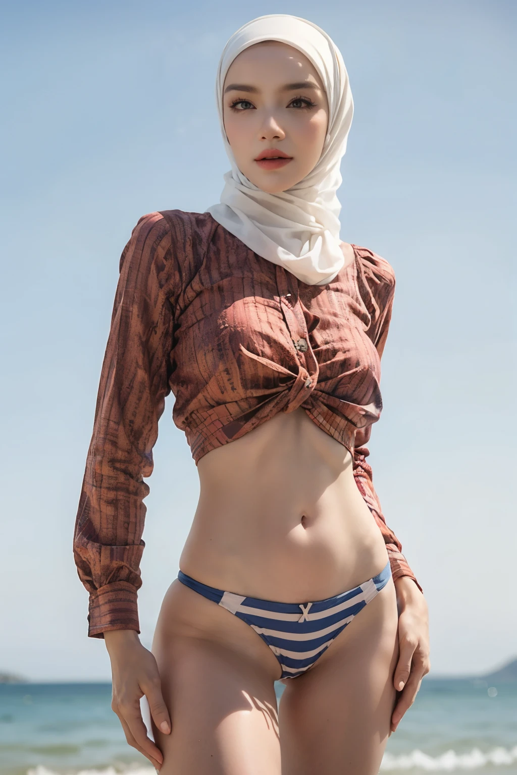 Portrait, ((Head to hips only)), professional photography, realistic contrasts, 1 lady, beautiful face with big shiny eyes, make-up with long eyelashes and pink blusher on cheeks, ((thick lips)), ((white hijab)), wearing light blue button striped shirt, striped pattern shirt, floral panties, standing dynamic poses, simple plain brown background, big boobs, slim waist and wide hips, very tight clothes, tall and slim body, cowboy shot, the money shot, cameltoe 1.6, half naked 1.5