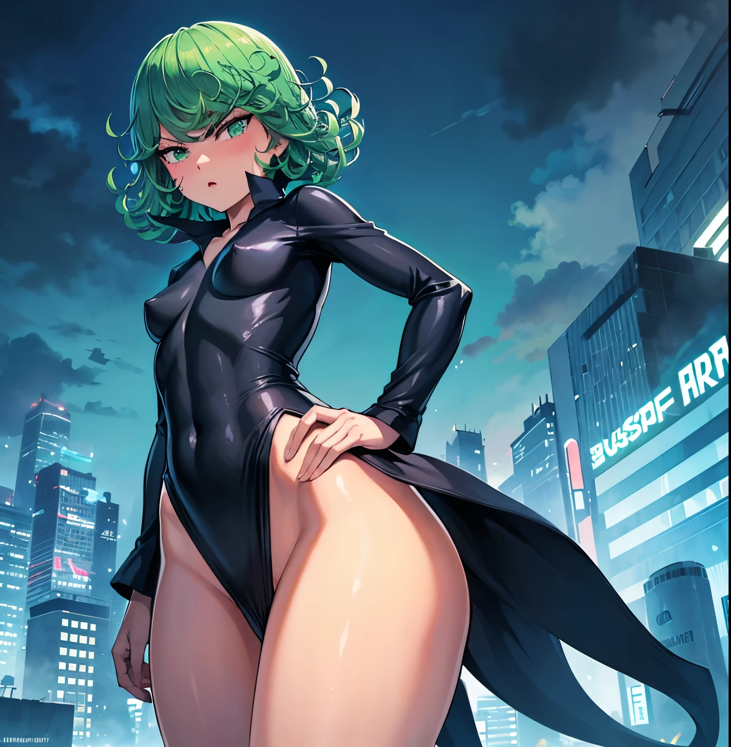 ((1girl)),((alone)), tatsumaki,(masterpiece), (best quality), (ultra detailed), (best illustration), (best shadow), (absurdities), sharp focus, cowboy shot, dynamic posture to the viewer, small breasts, narrow waist, wide hips, horrible thighs, round butt, naked, erotic, romantic, (very detailed eyes, lips 1.1), very detailed eyes, eyes, Very detailed face, Very beautiful face, height full, beautiful slim figure, femininity, expressive appearance, elastic small breasts, increased sexuality, serious look, angry, green eyes, green hair, arms crossed, black dress, long sleeves, bare legs, clouds, defined body, perfect and beautiful body , perfect and beautiful, White micro panties inserted in the crotch. closed mouth, serious expression, (sexy pose: 1.2), ((solo)), standing: 1.3, outside, futuristic cityscape, rainy city, streets, city lights, night, neon lights, looking forward ( (focus on hips), point of view (from below), red blush, perfect anatomy, perfect hands,