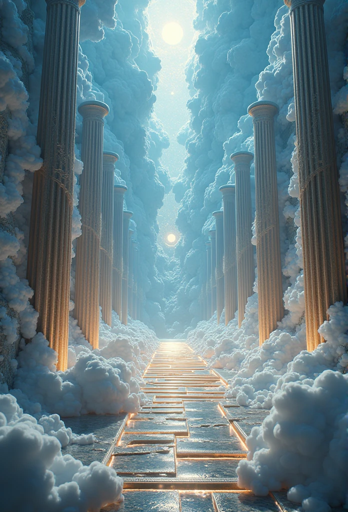 (best qualityer, Master Pieces, detailded, New features), A Majestic Kingdom in Heaven, with shimmering effects and an eternal realm. Reflective surfaces and ascending architecture that reaches the clouds. Stunning details that are intricately worked. A Cosmic Ode to Zeus.