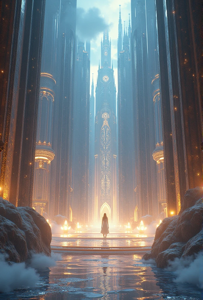 (best qualityer, Master Pieces, detailded, New features), A Majestic Kingdom in Heaven, with shimmering effects and an eternal realm. Reflective surfaces and ascending architecture that reaches the clouds. Stunning details that are intricately worked. A Cosmic Ode to Zeus.