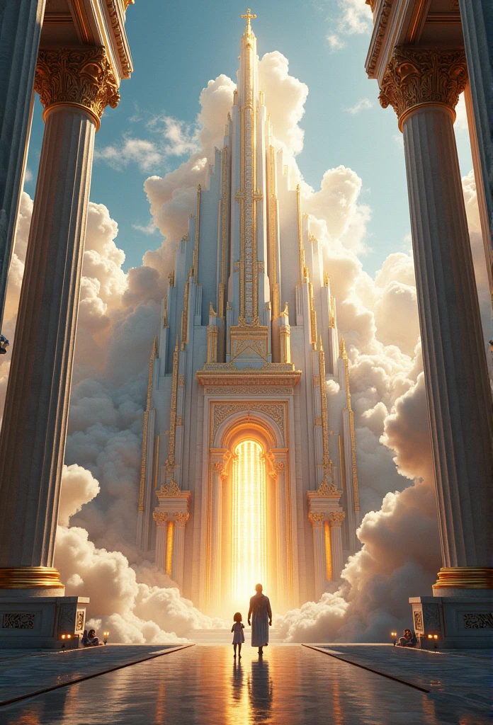 (best qualityer, Master Pieces, detailded, New features), A Majestic Kingdom in Heaven, with shimmering effects and an eternal realm. Reflective surfaces and ascending architecture that reaches the clouds. Stunning details that are intricately worked. A Cosmic Ode to Zeus.