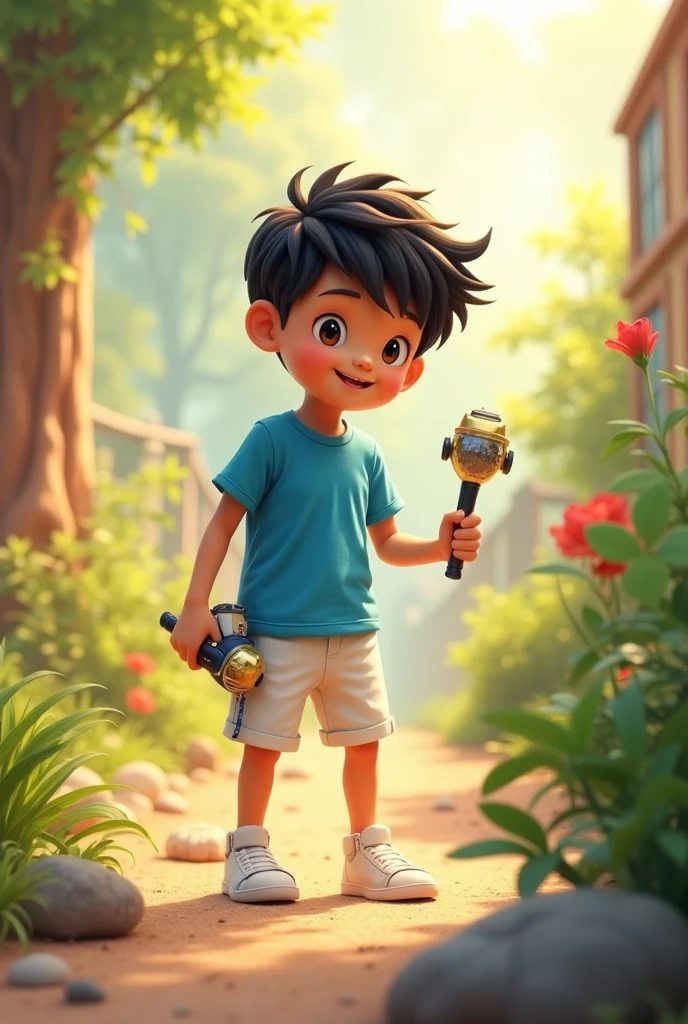 a boy with black hair, black eyes, wearing a blue shirt and white shorts and white sneakers with a toy in his hand