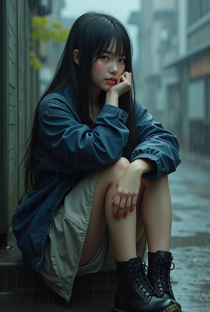 (photorealism:1.2), Japanese woman, single eyelid, 30 years old, a little fat woman, not looking at camera, some spots on the face, not putting on make-up, some gray hair, sitting in the rain, wearing wet dress and skirt, race jacket and Dr.Martens ancle boots, black long straight, outdoors, soft lighting, relaxed pose, realistic, intricate details, cool colors, some distance from Camera