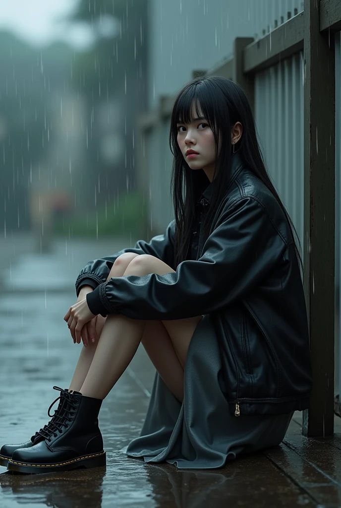 (photorealism:1.2), Japanese woman, single eyelid, 30 years old, a little fat woman, not looking at camera, some spots on the face, not putting on make-up, some gray hair, sitting in the rain, wearing wet dress and skirt, race jacket and Dr.Martens ancle boots, black long straight, outdoors, soft lighting, relaxed pose, realistic, intricate details, cool colors, some distance from Camera