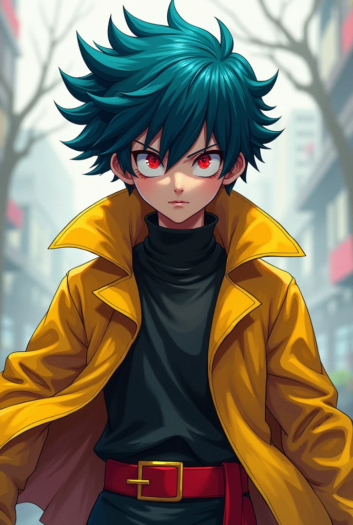 My Hero Academia style Young man with red eyes, blue hair wearing a yellow jacket with a red belt and a Jason mask on his face