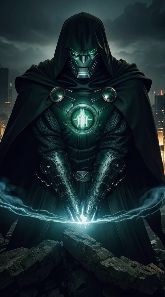 Doctor Doom Marvel, 35mm lens, photography, ultra-detailed, HDR, UHD, 8K, portraits, dark atmosphere, menacing expression, black cloak, iconic metal mask, glowing green eyes, intricate armor, smoke effects, dynamic pose, ruined cityscape, dramatic lighting, intense shadows, vibrant colors