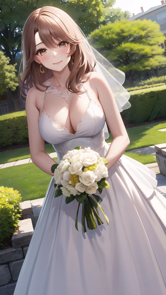 masterpiece, best quality, highres, aamiyako, long hair, jewelry, earrings, wedding dress, holding bouquet, garden, smile