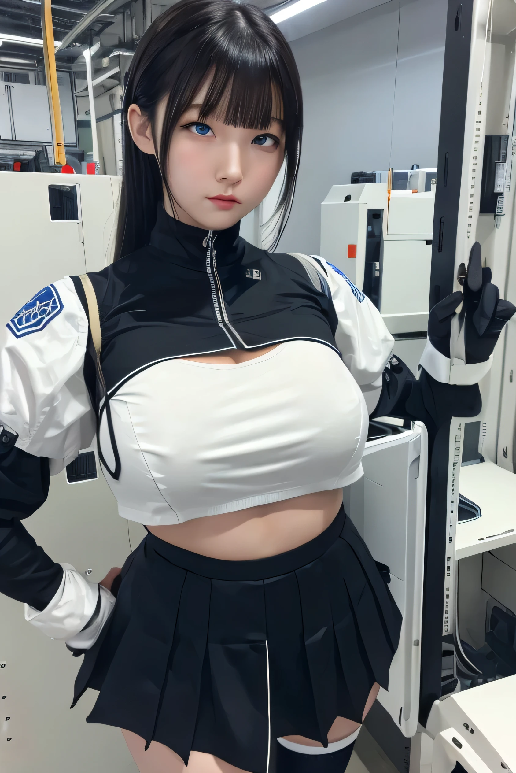 masterpiece, best quality, extremely detailed, Japanese android girl,Plump ,control panels,Mechanical Hand,Robot arms and legs, robot assembly plant,white robot body,blunt bangs,skirt,black knee high socks,blue  eyes,rolling eyes