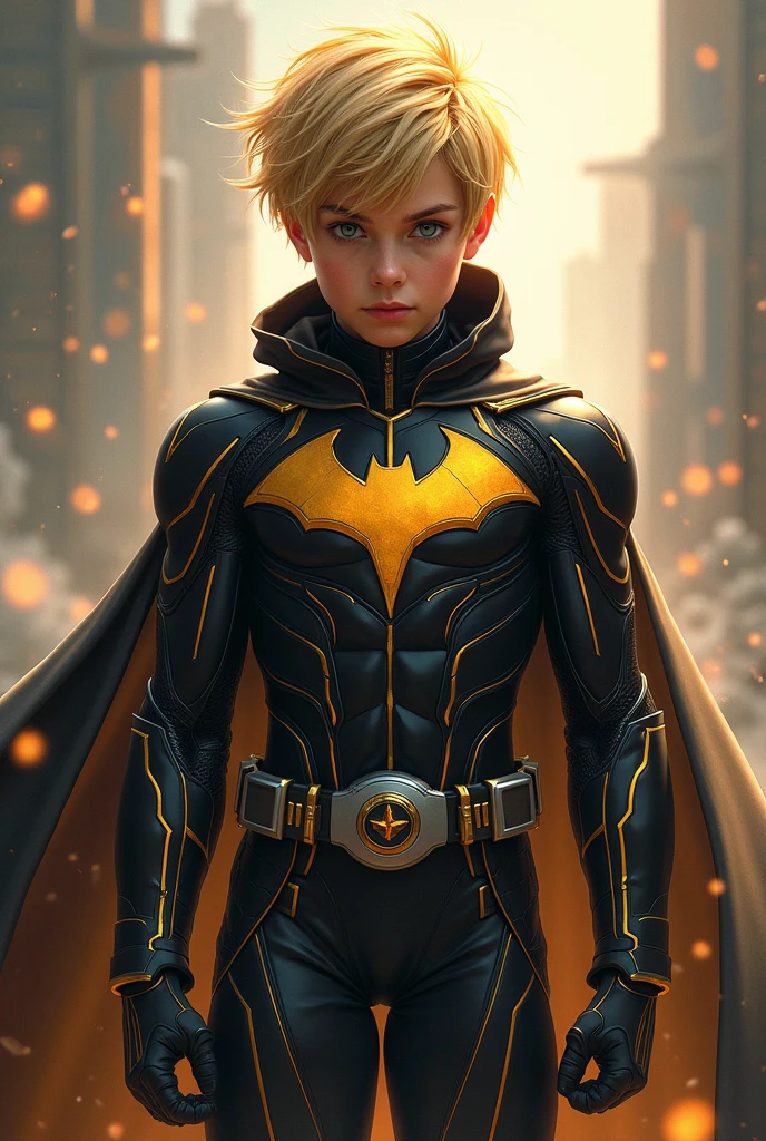 Draw a young man with blonde hair wearing a black and gold superhero costume with a cape and hood.