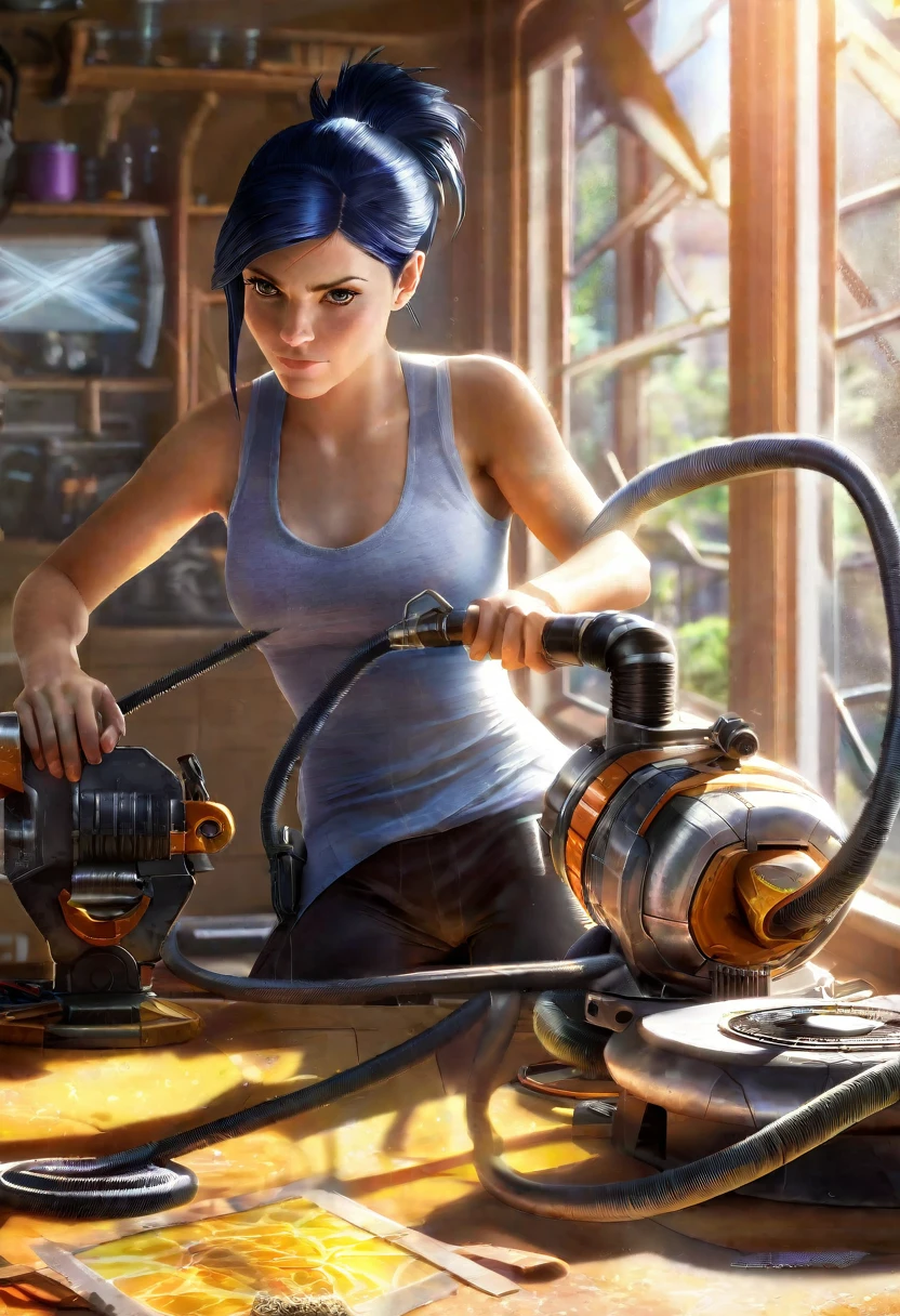 chell(portrayed by Kate Mara), ponytail, tank top, clothes around waist, cleaning a portal gun at a workbench, bright morning sunlight shining through window (zrpgstyle) (masterpiece:1.2) (illustration:1.2) (best quality:1.2) (detailed) (intricate) (8k) (HDR) (cinematic lighting) (sharp focus)
