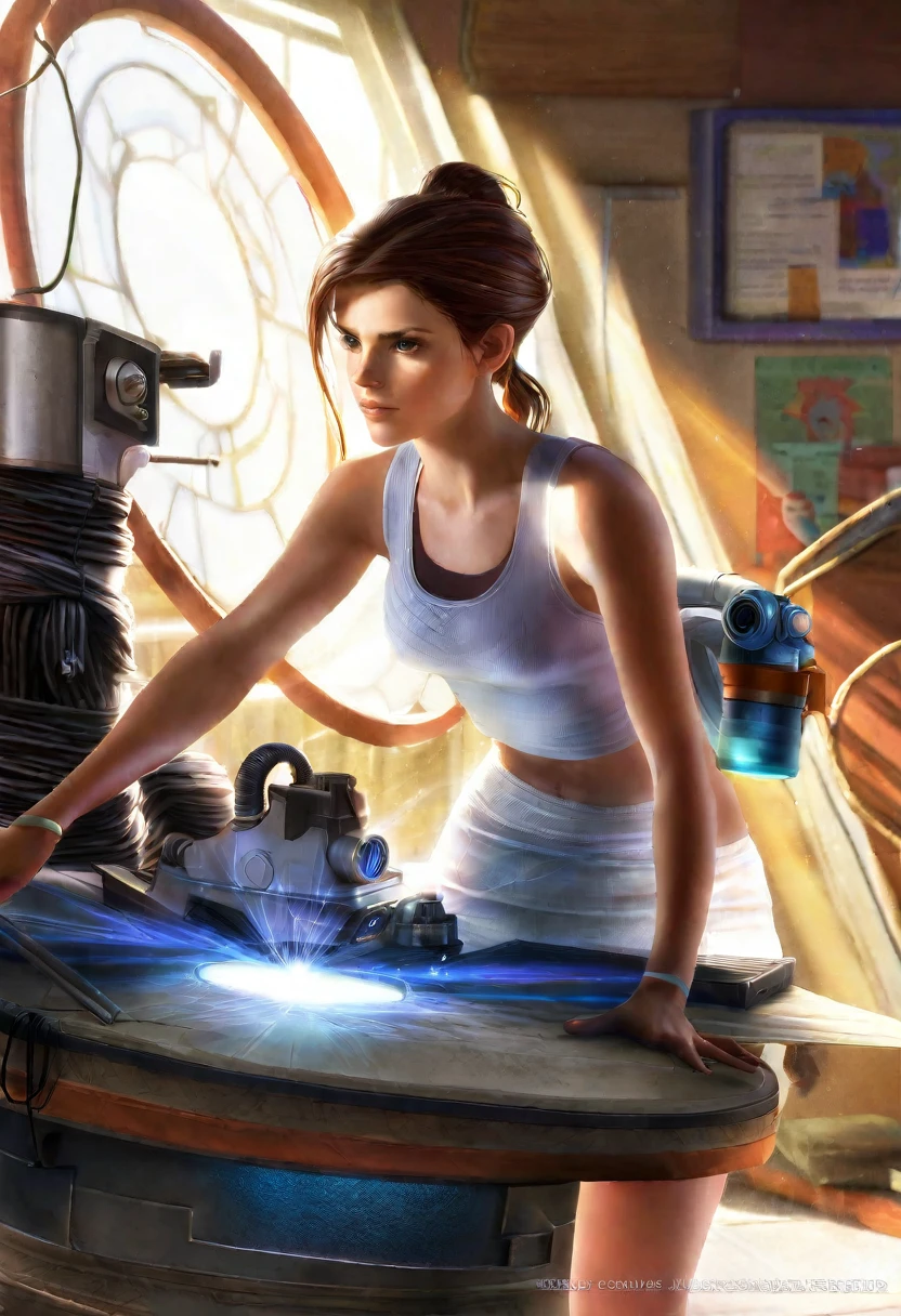 chell(portrayed by Kate Mara), ponytail, tank top, clothes around waist, cleaning a portal gun at a workbench, bright morning sunlight shining through window (zrpgstyle) (masterpiece:1.2) (illustration:1.2) (best quality:1.2) (detailed) (intricate) (8k) (HDR) (cinematic lighting) (sharp focus)