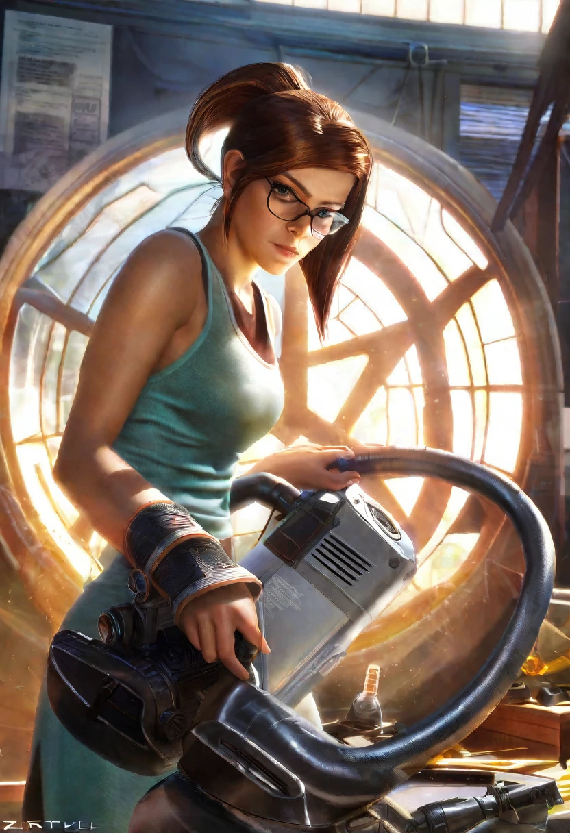 chell(portrayed by Kate Mara), ponytail, tank top, clothes around waist, cleaning a portal gun at a workbench, bright morning sunlight shining through window (zrpgstyle) (masterpiece:1.2) (illustration:1.2) (best quality:1.2) (detailed) (intricate) (8k) (HDR) (cinematic lighting) (sharp focus)
