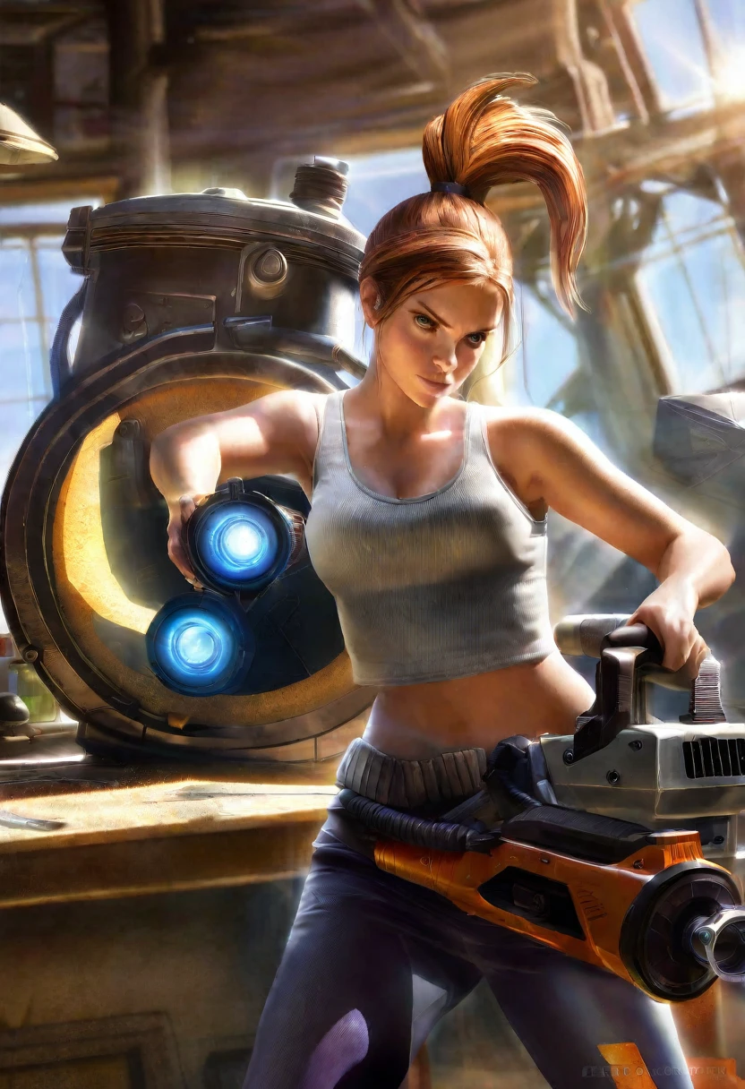 chell(portrayed by Kate Mara), ponytail, tank top, clothes around waist, cleaning a portal gun at a workbench, bright morning sunlight shining through window (zrpgstyle) (masterpiece:1.2) (illustration:1.2) (best quality:1.2) (detailed) (intricate) (8k) (HDR) (cinematic lighting) (sharp focus)