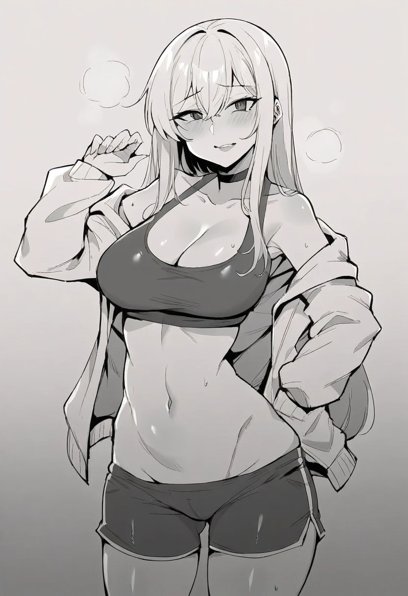 ((sexy girl ,gyaru))nsfw,glamorous, blushing, flushed face, looking down,sluts' clothes, tomboy, tight tube top, tight hotpants, shorts, large breasts, voluptuous, nice hips,