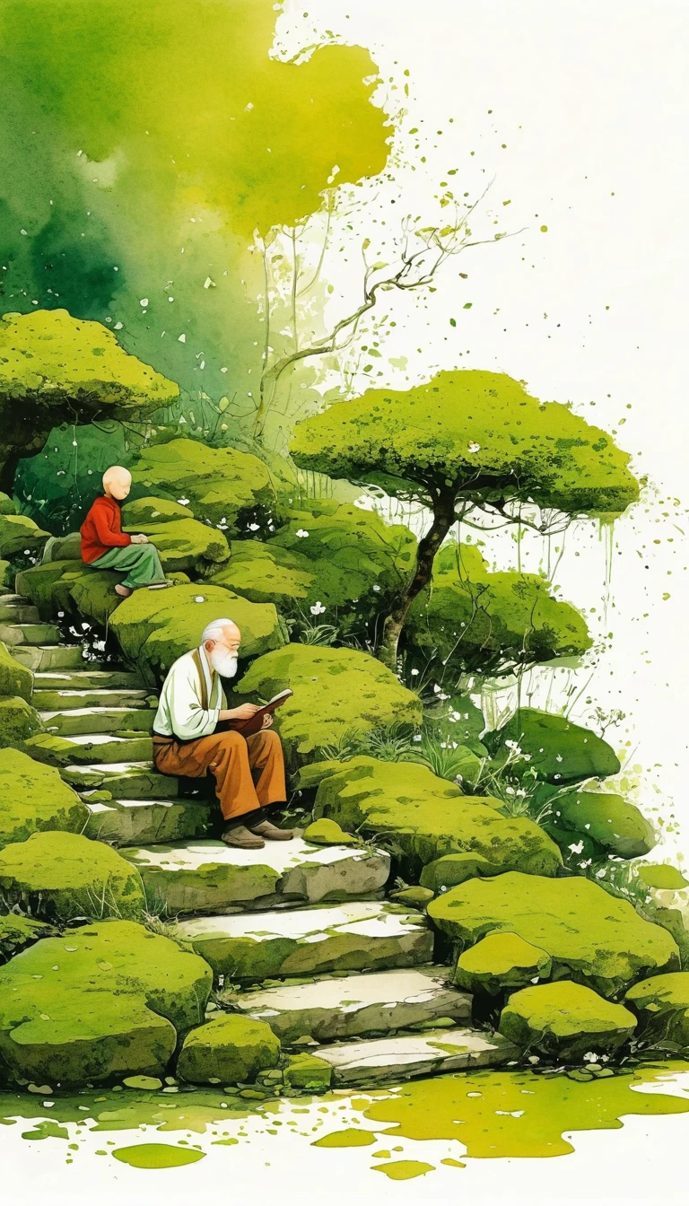 中国水墨画sketch：Light Ink，Lowercase，sketch，artistic conception，An old man and a child on the moss-covered steps。Minimalism，(((Negative Space,Bottom left composition)))