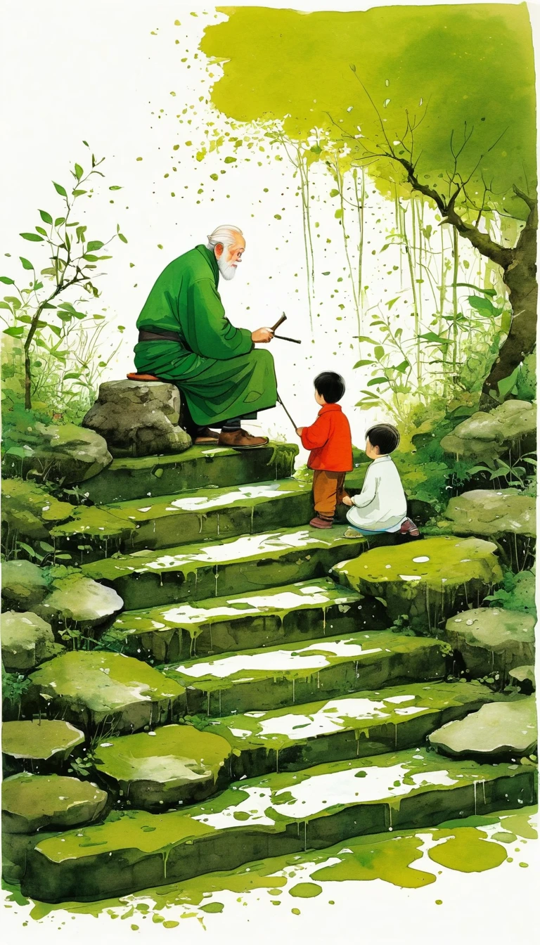 中国水墨画sketch：Light Ink，Lowercase，sketch，artistic conception，An old man and a child on the moss-covered steps。Minimalism，(((Negative Space,Bottom left composition)))