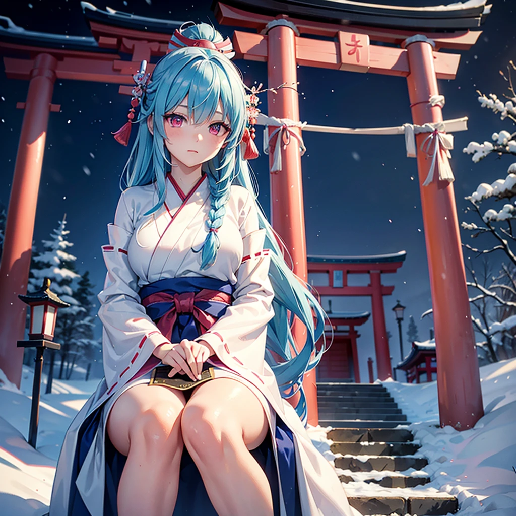 (Tying her sky blue hair into a single braid),(Pink Eyes),Fair skin,whole body,alone,Snowy Night,Drawing a fortune at a temple,torii,Shrine maiden、masterpiece, Highest quality, Very detailed, Best Shadow,Detailed Background,Beautifully detailed face,High Contrast,Best lighting, Very delicate and beautiful,Cinematic Light,Hyper Detail,8k,Dramatic Light,Exquisite detail,