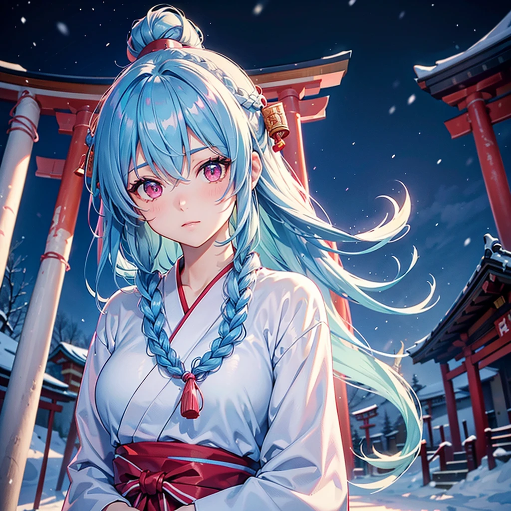 (Tying her sky blue hair into a single braid),(Pink Eyes),Fair skin,whole body,alone,Snowy Night,Drawing a fortune at a temple,torii,Shrine maiden、masterpiece, Highest quality, Very detailed, Best Shadow,Detailed Background,Beautifully detailed face,High Contrast,Best lighting, Very delicate and beautiful,Cinematic Light,Hyper Detail,8k,Dramatic Light,Exquisite detail,