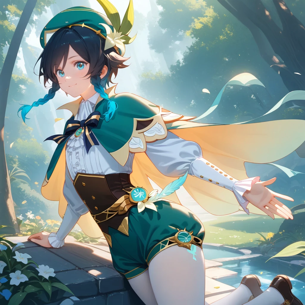 (best quality,4k,8k,highres,masterpiece:1.2),1boy,venti genshin impact,male focus,flat chest,ultra-detailed,realistic,(dsmile:0.5),morning of spring,delicate light rays,pastel color palette,elegant curves,effects of light and shadow,flower petals falling,springtime essence,ethereal atmosphere,peaceful garden background,morning dew,soft sunlight filtering through trees,lush plants,komorebi,softly colored blossoms,transcendent beauty,awe-inspiring artwork,white long-sleeved shirt, brown corset,green shorts, white tights,green cape,hat,brooch,green eyes,wise and kind god,cinematic lighting, ray tracing, UHD, high details, high quality, award winning, super detail,