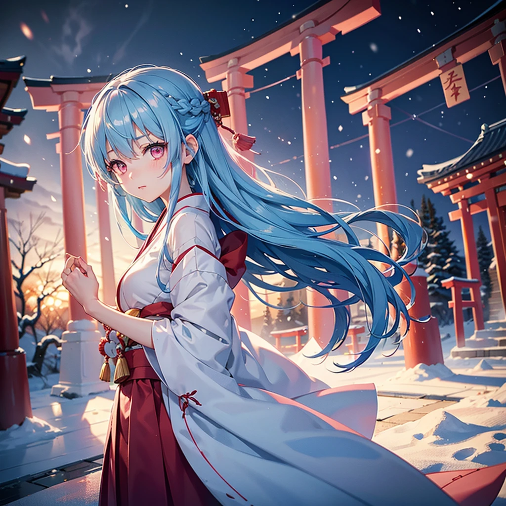 (Tying her sky blue hair into a single braid),(Pink Eyes),Fair skin,whole body,alone,Snowy Night,Drawing a fortune at a temple,torii,Shrine maiden、masterpiece, Highest quality, Very detailed, Best Shadow,Detailed Background,Beautifully detailed face,High Contrast,Best lighting, Very delicate and beautiful,Cinematic Light,Hyper Detail,8k,Dramatic Light,Exquisite detail,