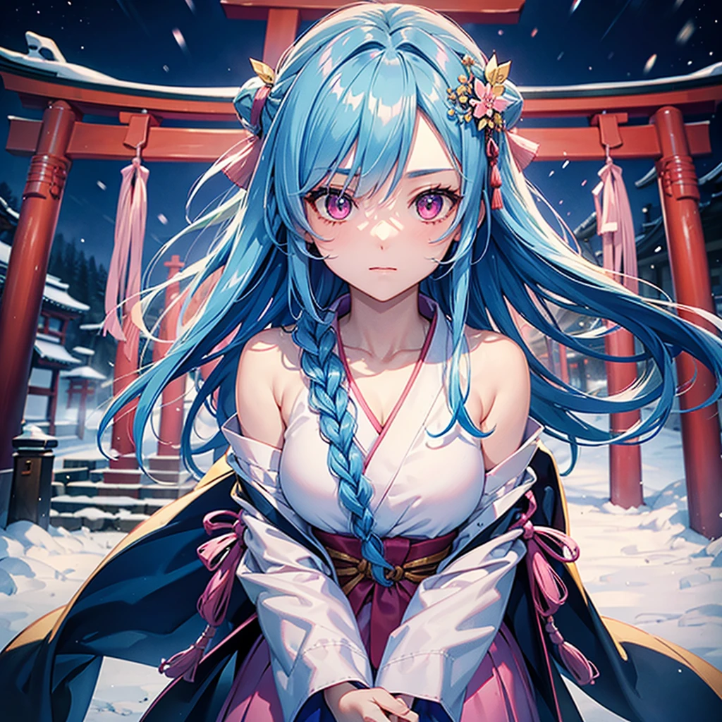 (Tying her sky blue hair into a single braid),(Pink Eyes),Fair skin,whole body,alone,Snowy Night,Drawing a fortune at a temple,torii,Shrine maiden、masterpiece, Highest quality, Very detailed, Best Shadow,Detailed Background,Beautifully detailed face,High Contrast,Best lighting, Very delicate and beautiful,Cinematic Light,Hyper Detail,8k,Dramatic Light,Exquisite detail,