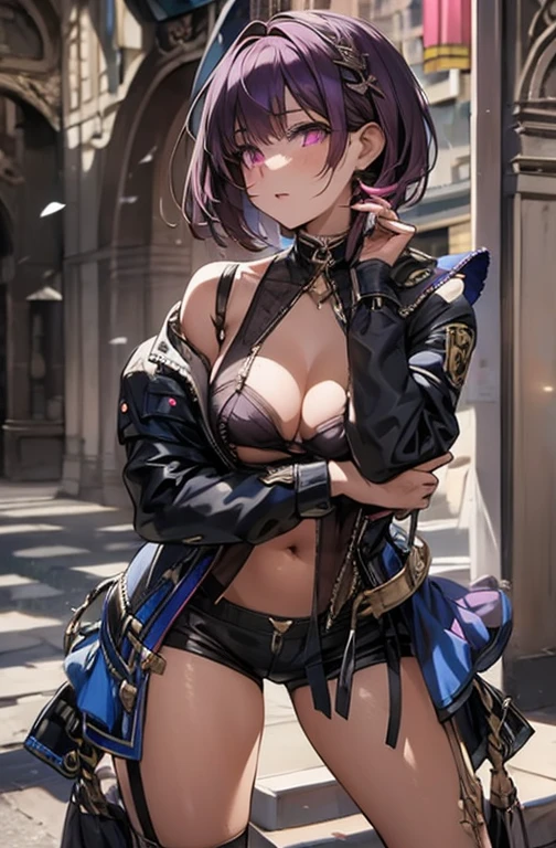 masterpiece, best quality, intricate details, 8k, Ultra-high resolution, Perfect skin, delicate eyes, Shizuichi, a girl, alone, short hair, dark purple hair, Bangs, hair accessories, hairpin, pink eyes, White eyes, medium bust, clavicle, Sexy Lingerie , belly button, abdomen, pink shorts, elegant posture, Detailed Background, ((no jacket)),no clothes