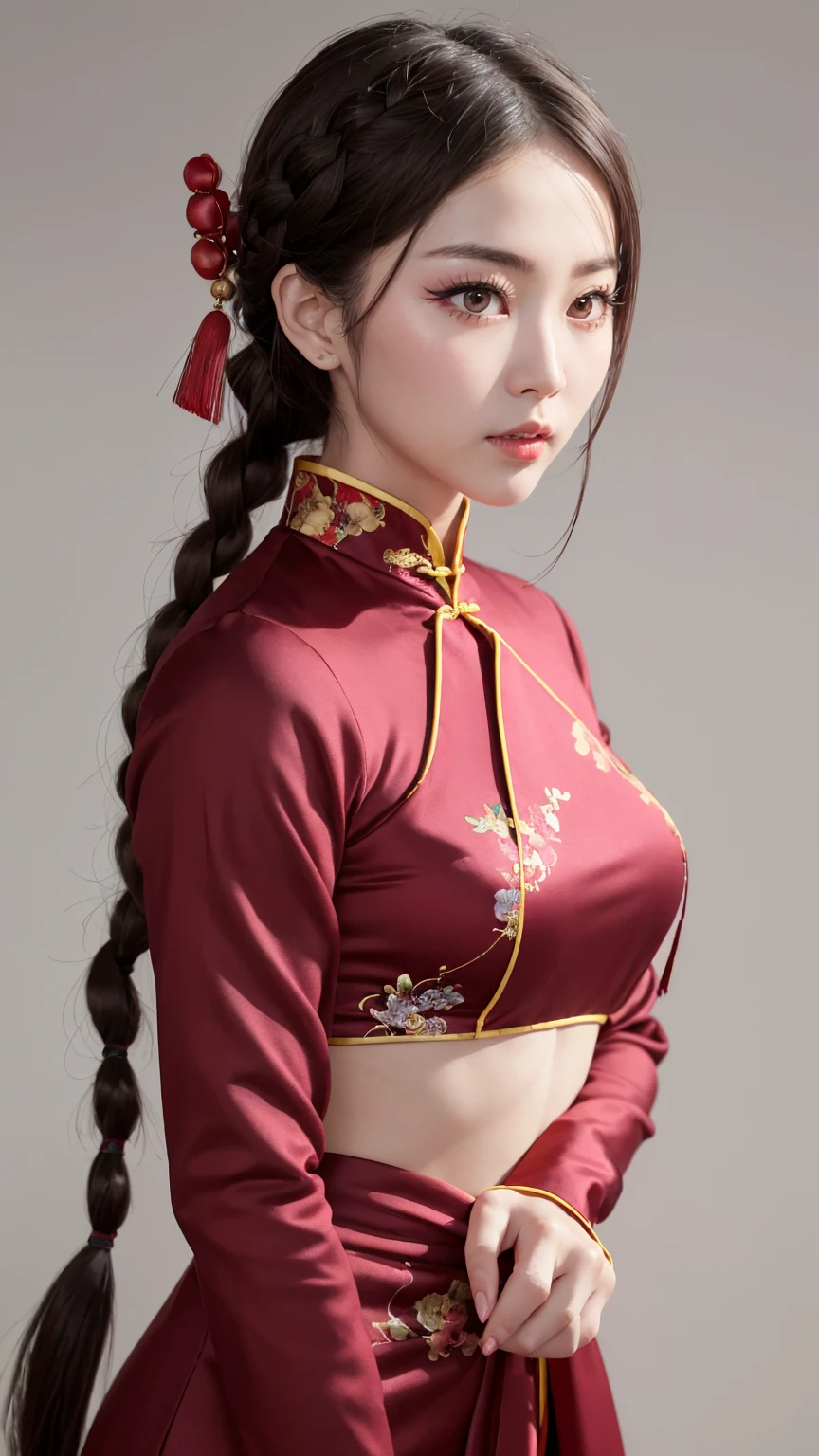 Realistic, masterpiece, Highest quality, Highest Resolution, Anatomically correct, Accurate Anatomy, 7 heads, Height: 165cm, One Japanese woman, Staring at the audience, Open your mouth and laugh, Staring at the audience, Fine and beautiful eyes, Sparkling eyes, Thin eyebrows, Gives lashes a delicate finish, False eyelashes, (Chinese traditional makeup:1.2), (Dumpling+Braided hair, Blunt bangs, Brown Hair:1.2), Detailed face, Sharp Eyes, (Traditional Chinese Dress, Clothes that fit snugly to the body, Random Color:1.3), Upper body photo, Background like ink painting