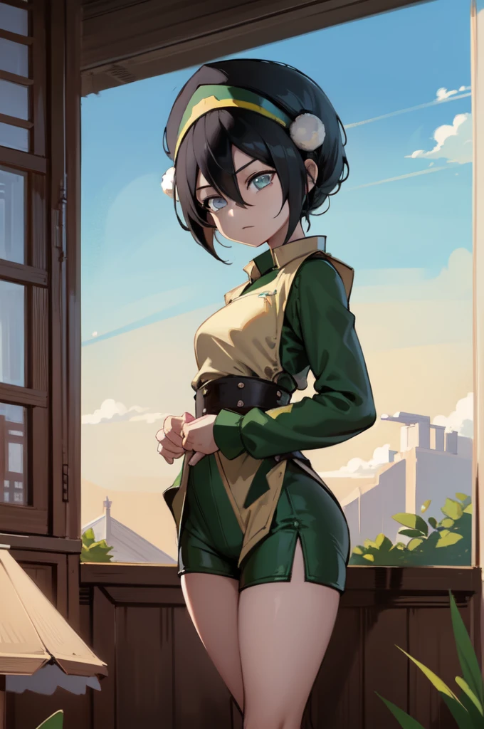 absurderes, high resolution, ultra detaild, Toph beifong , disappointed face , standing alone , branch jacket, clothes open,  Good , large breasted ,shorts , gazing at viewer , Room . 