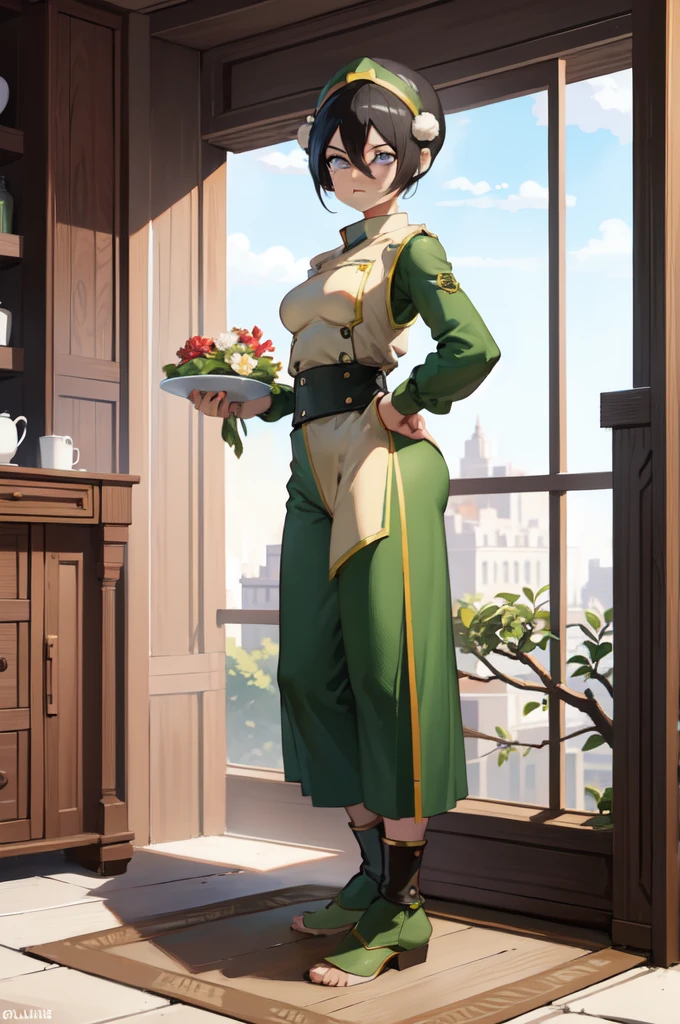 absurderes, high resolution, ultra detaild, Toph beifong , disappointed face , standing alone , branch jacket, clothes open,  Good , large breasted ,shorts , gazing at viewer , Room . 