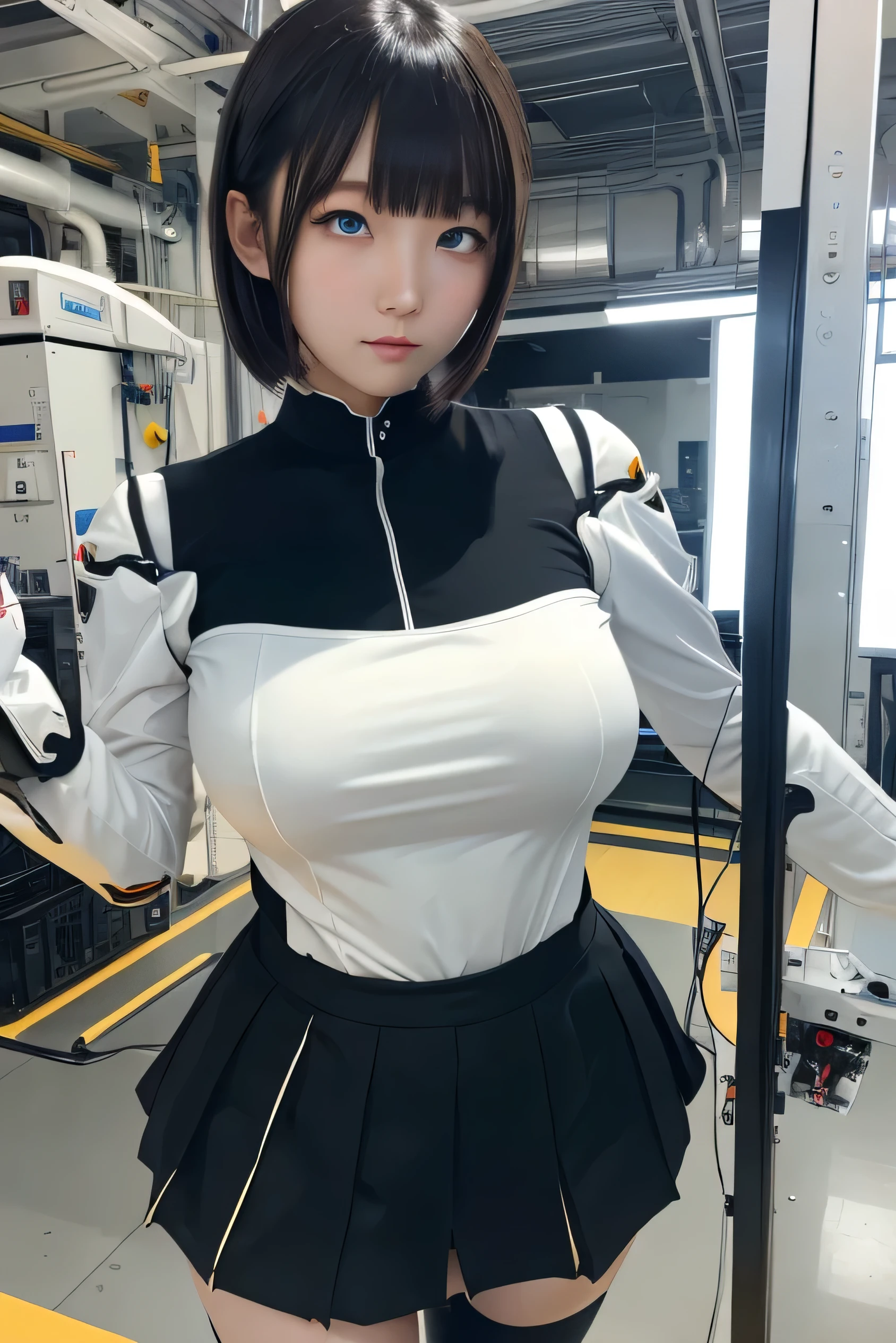 masterpiece, best quality, extremely detailed, Japanese android girl,Plump ,control panels,Mechanical Hand,Robot arms and legs, robot assembly plant,white robot body,blunt bangs,skirt,black knee high socks,blue eyes,rolling eyes